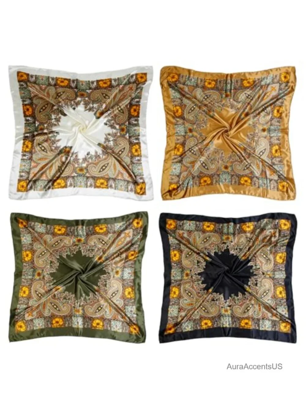 4 Pack Square Hair Scarves Silk-Like Bandanas 35 Inches